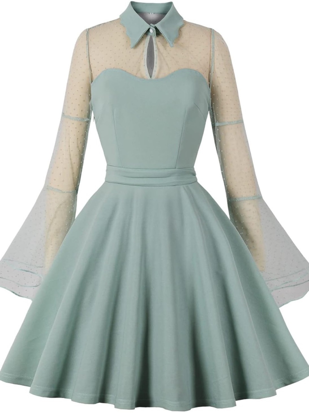 Vintage-Inspired Long Sleeve Fit & Flare Dress in Sage Green